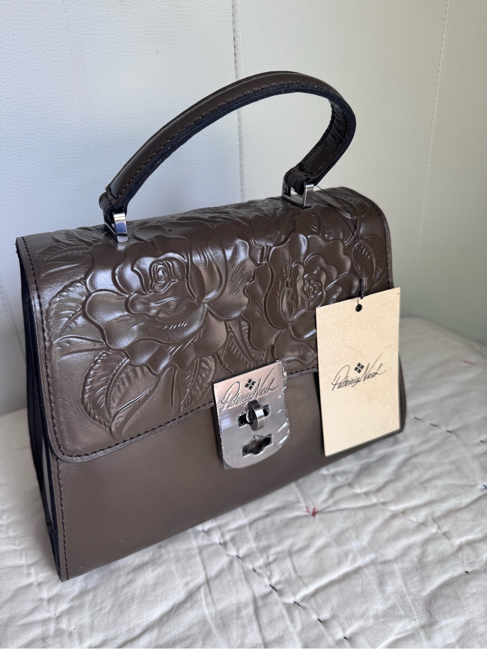 Patricia Nash Tooled Leather Chauny Satchel in Mushroom